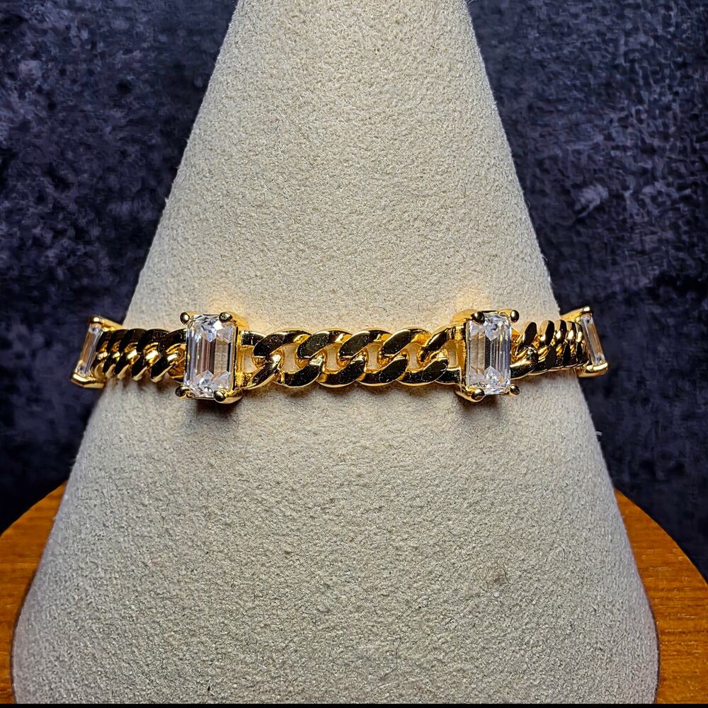 7" 3.30CTW Emerald-Cut VVS/D Moissanite Cuban Bracelet, Gold Over Silver (4.4mm) - Picture 5 of 10